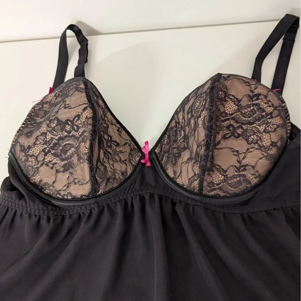 Cacique Lace Floral Babydoll Lingerie Womens Size 40DD Black Underwire Nightgown